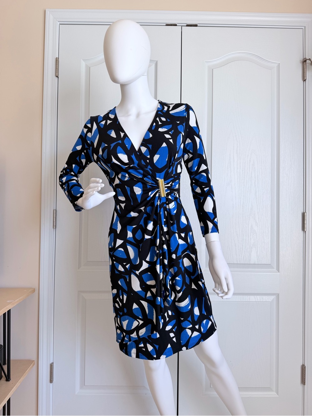Calvin Klein Geometric Print Abstract Wrap 3/4 Sleeves Mini Dress Size S
